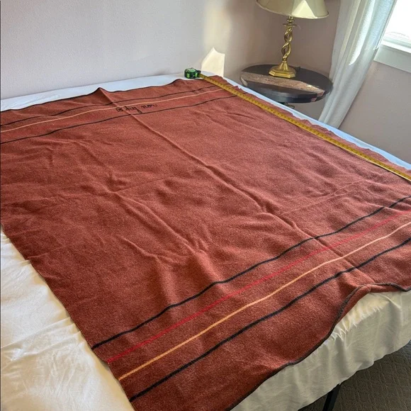 vintage 1930s Alpine wool train blanket in brick w/black, crimson & gold stripes - Picture 3 of 7